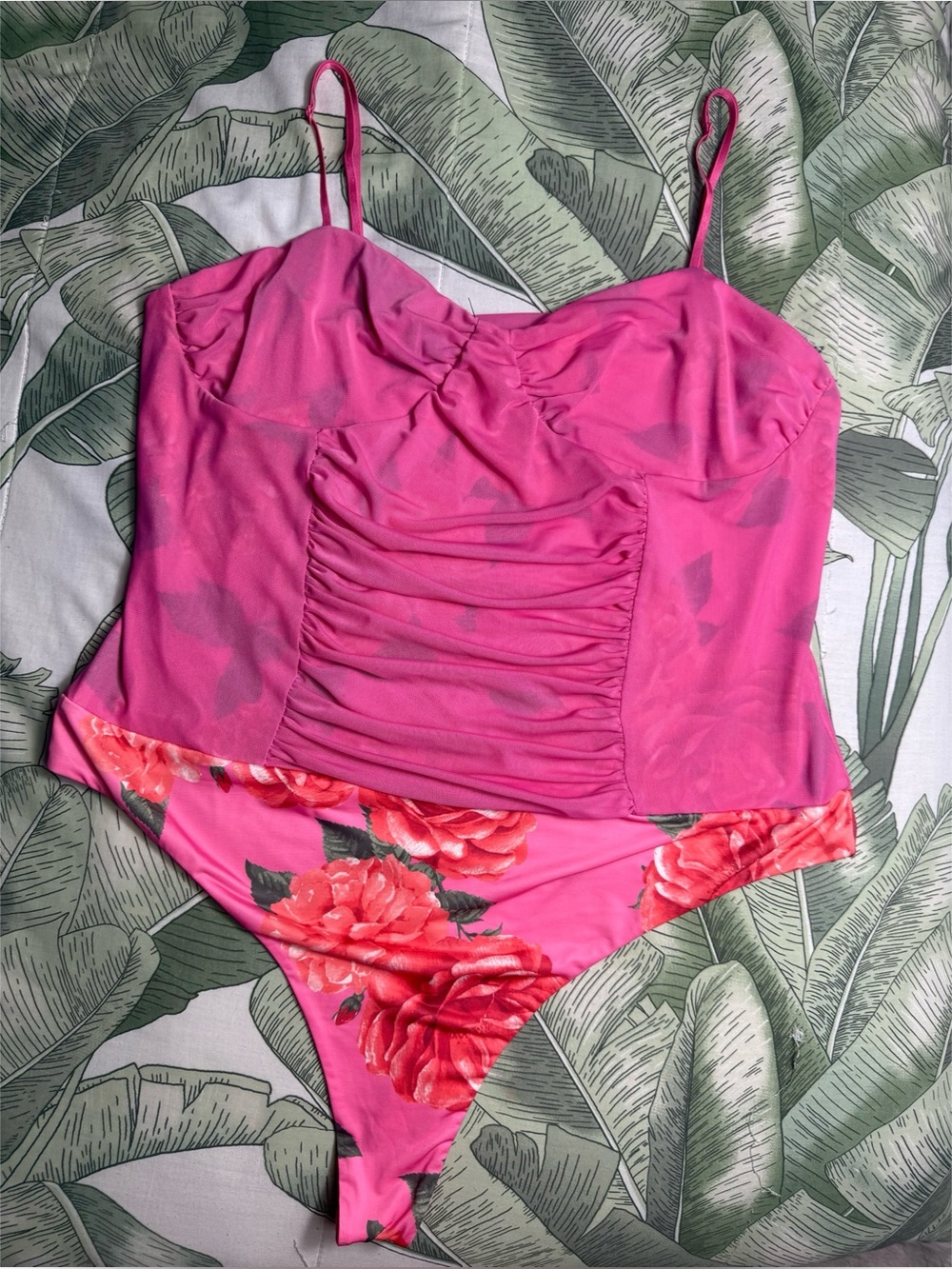 AFRM Pink Floral Mesh Bustier Bodysuit Ruched Sheer Plus Size 2X Stretch